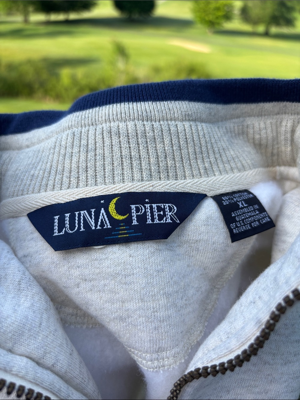 Luna Pier Men’s Cream Zip-Up Sweater with Navy Trim